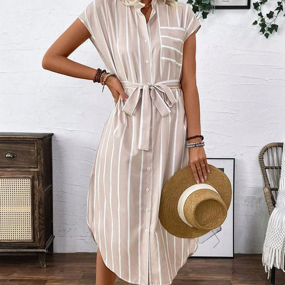 Apricot Casual Women's French-Style Striped Color-Block Shirt Dress - Picture 7 of 8
